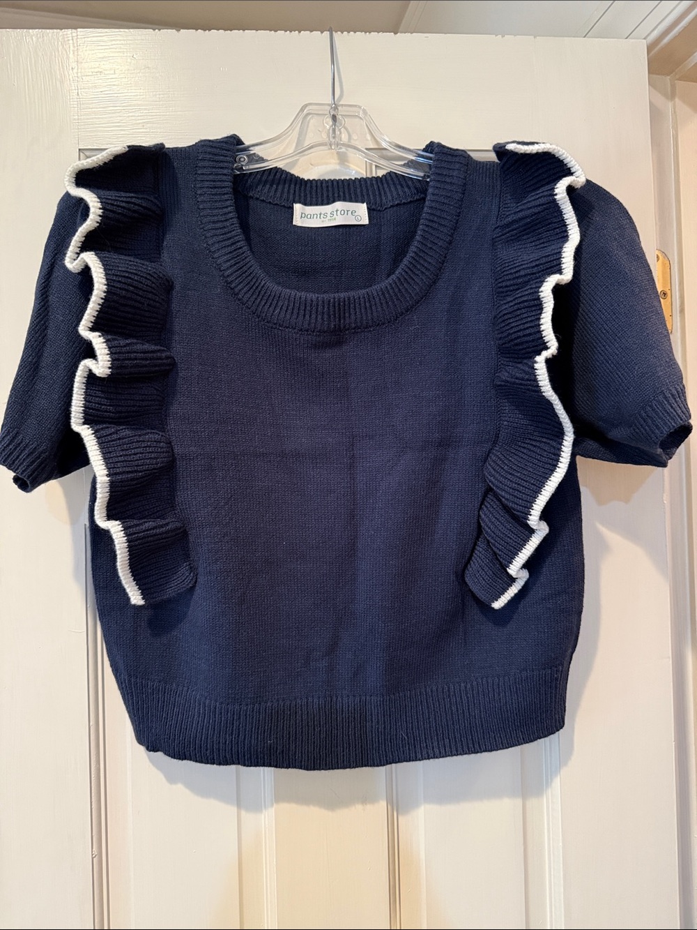 Navy Ruffle Short Sleeve Sweater